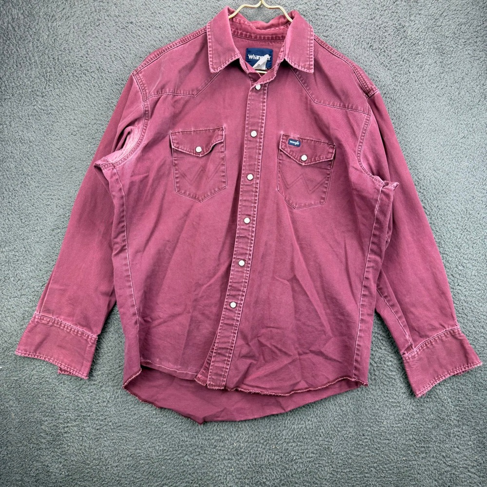 Wrangler Mens Western Pearl Snap Shirt Maroon Long Sleeve Raw Hem Distressed L